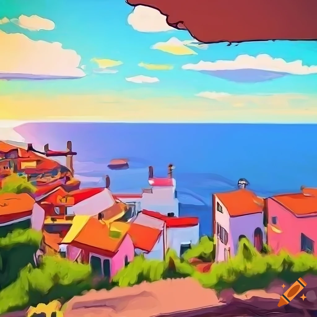 Seaside view of a bright village from a rooftop in digital art