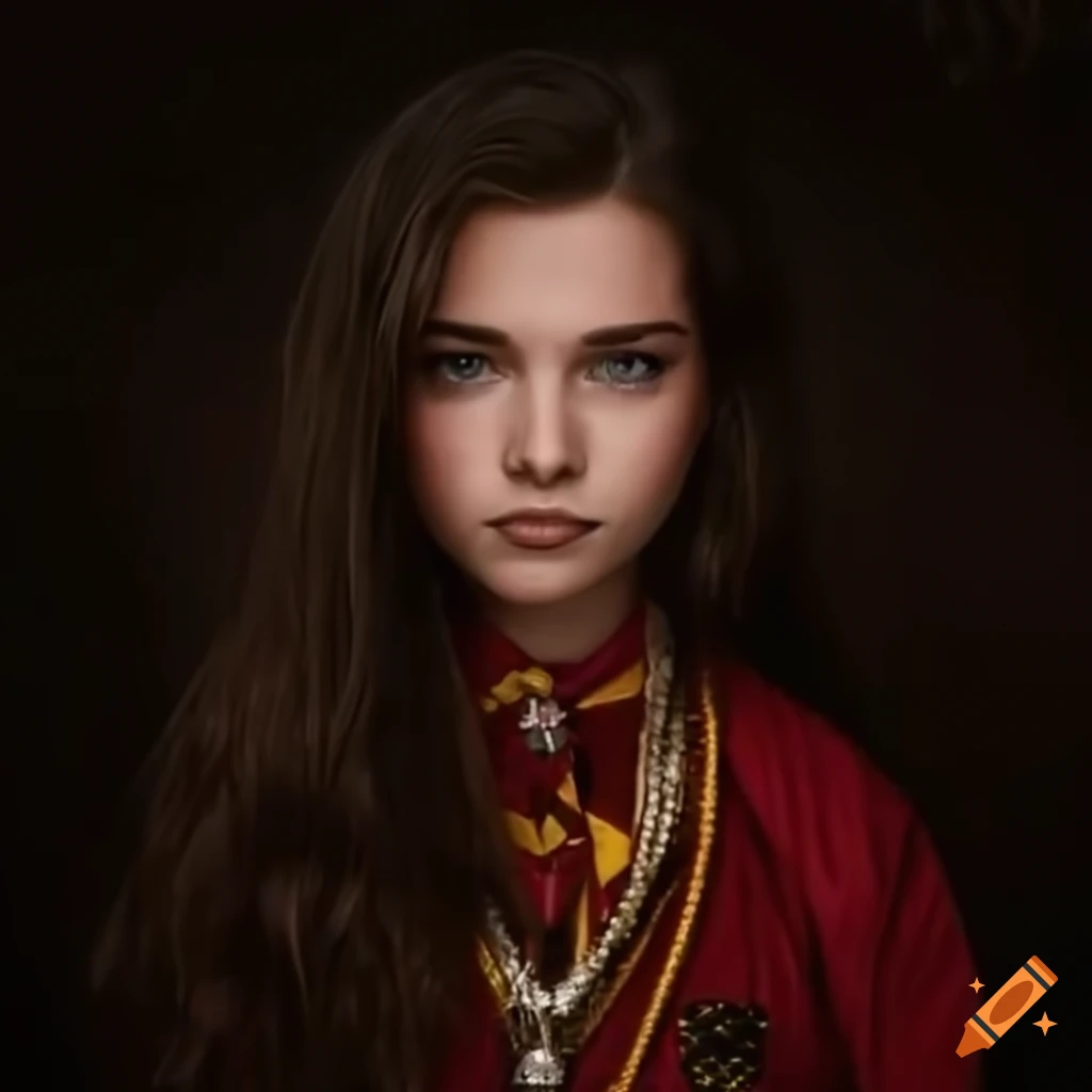 Young Gryffindor student in black robes with wavy dark hair and green eyes