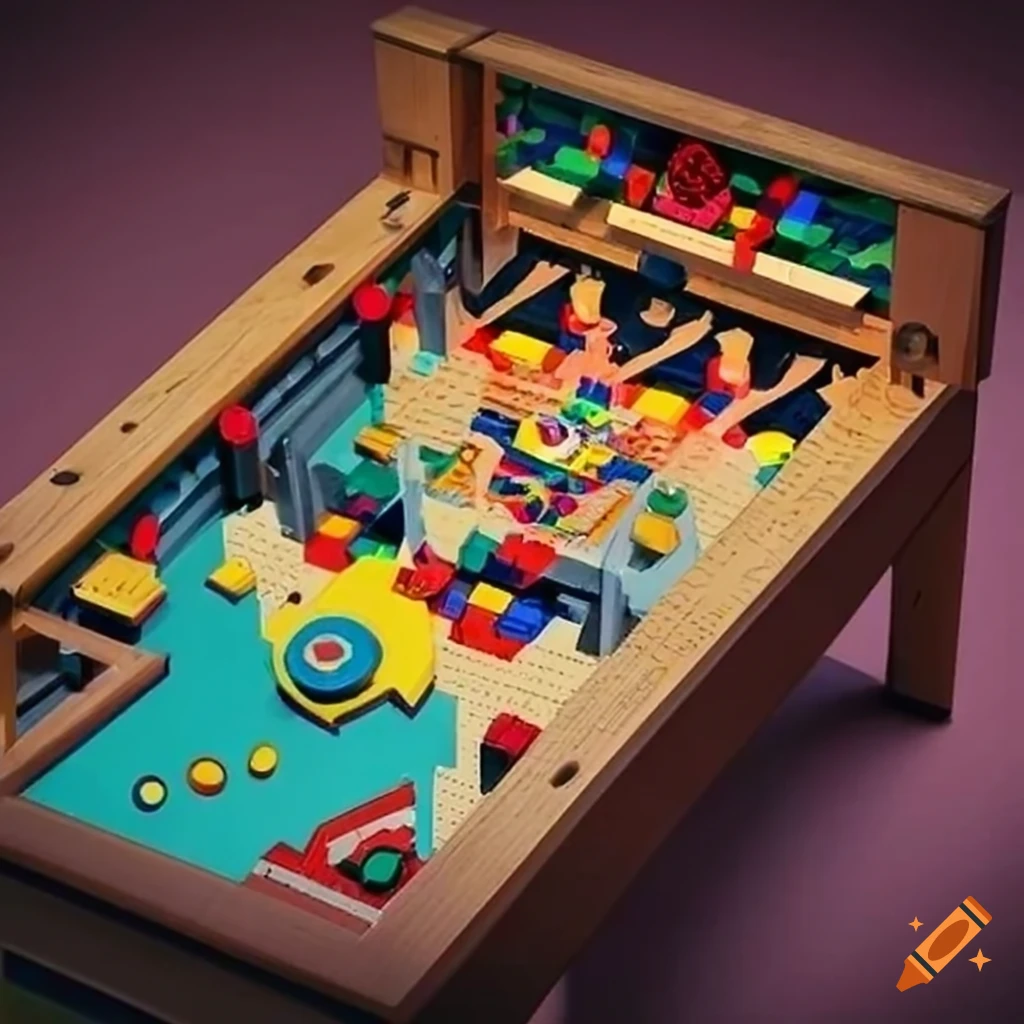 DIY Wooden Pinball Table with TV Screen and geometric patterns