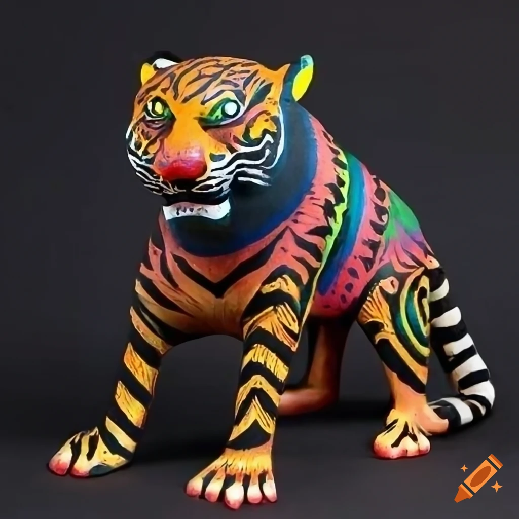 Wooden Bengal tiger sculpture with colorful markings in Bali style