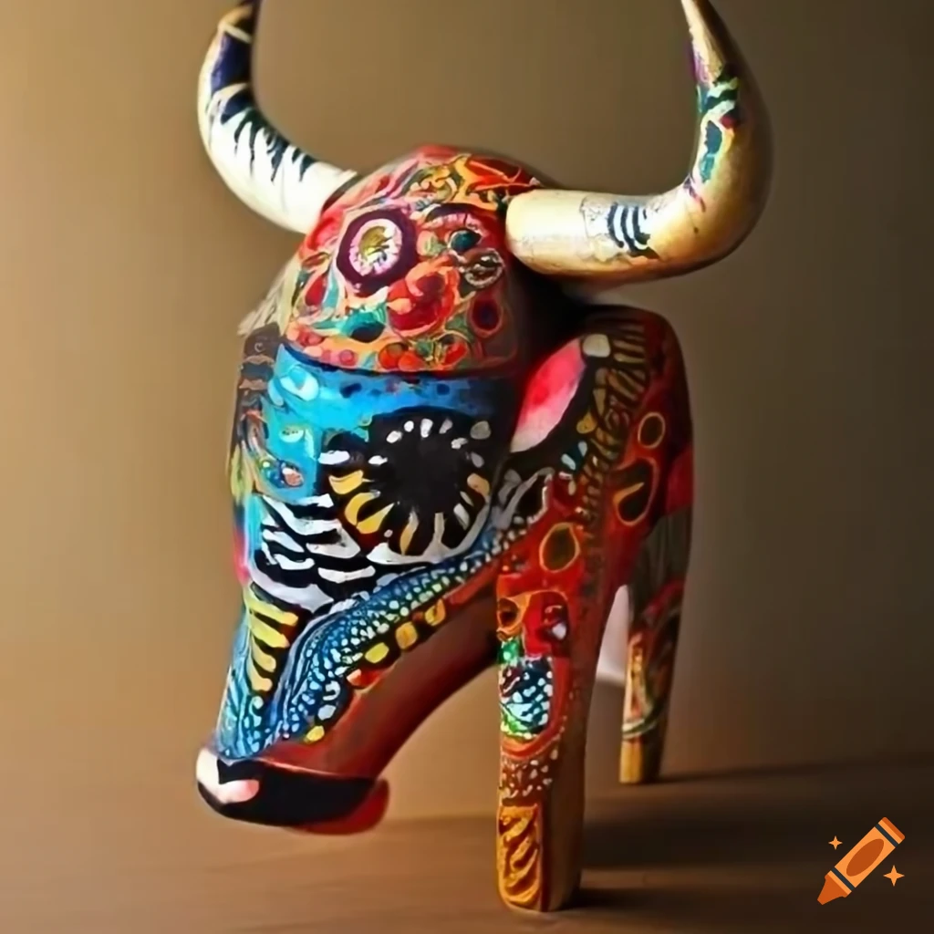 Wooden Bali bull with colorful markings in an intrinsic art style