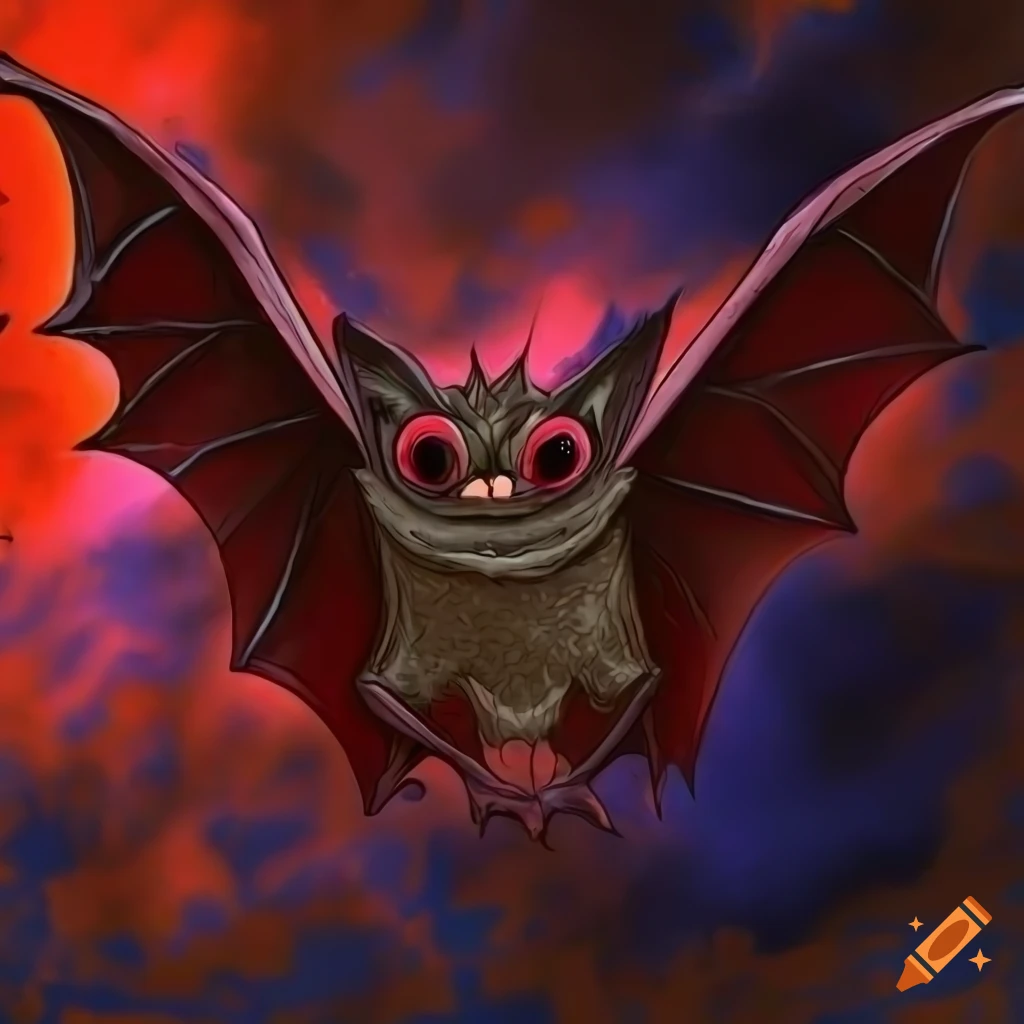 Flying bat with red eyes against a sky background in a trippy style