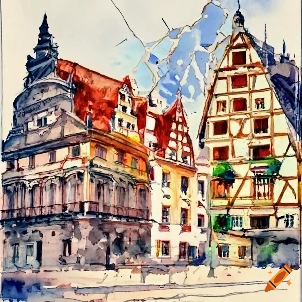 Shattered watercolor of Bavarian Architecture