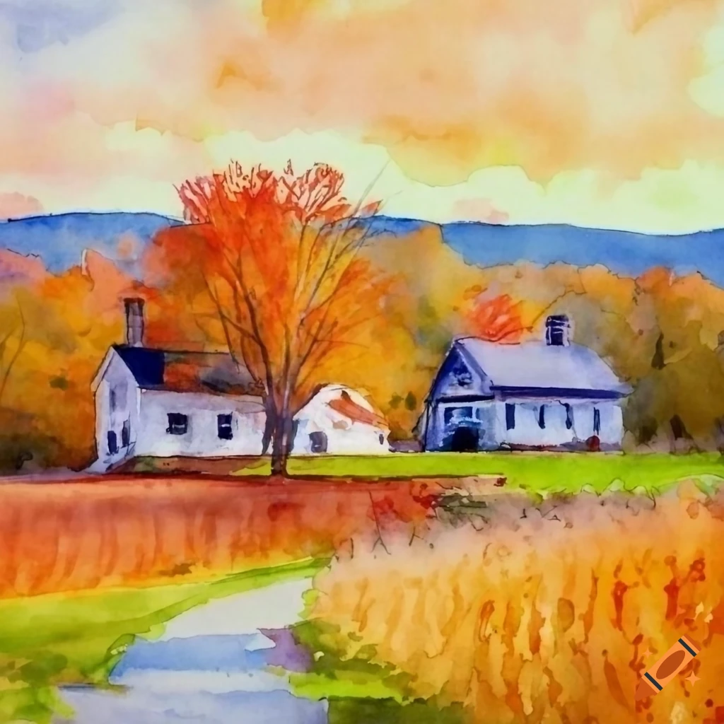 Farmhouse in autumn New England countryside watercolor painting