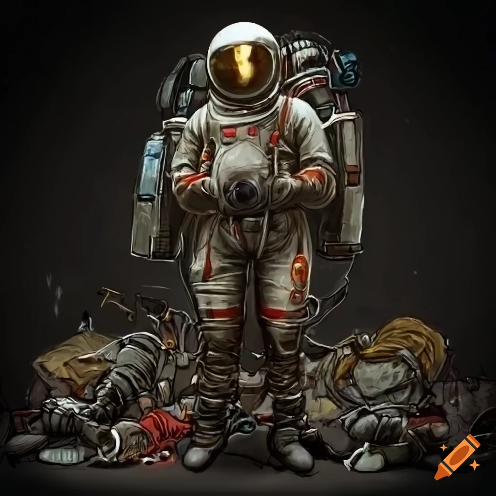 Character design of a retro sci-fi raygun-gothic astronaut-scavenger in a post-apocalyptic diesel-punk space suit