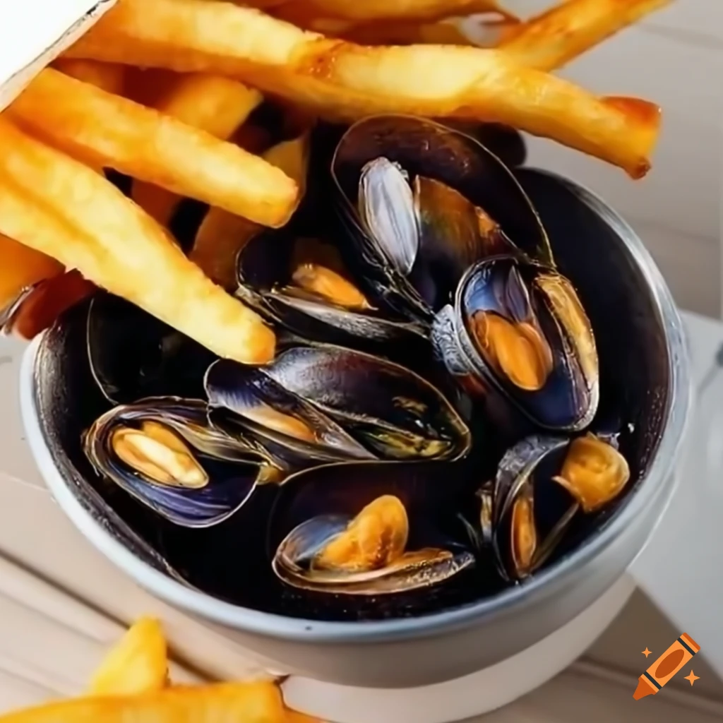 Plat de moules frites on a restaurant terrace