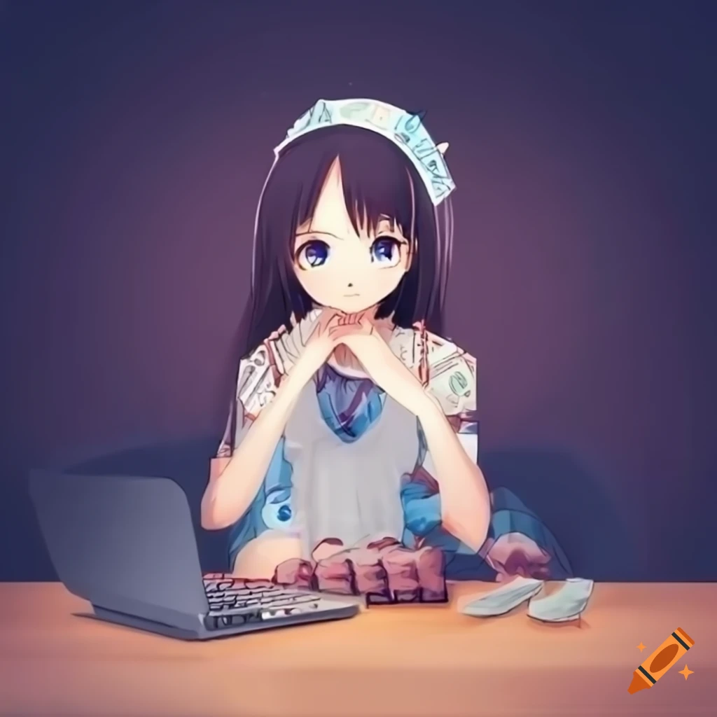 Anime girl working on a computer with money on the table on Craiyon