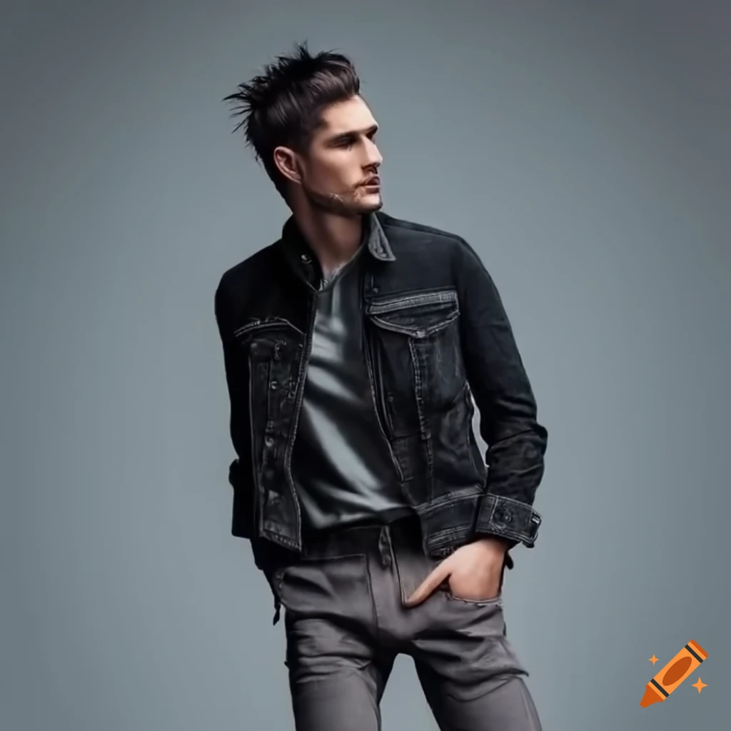 Man in stylish black denim shirt and gray pants with black coat and boots for cool weather
