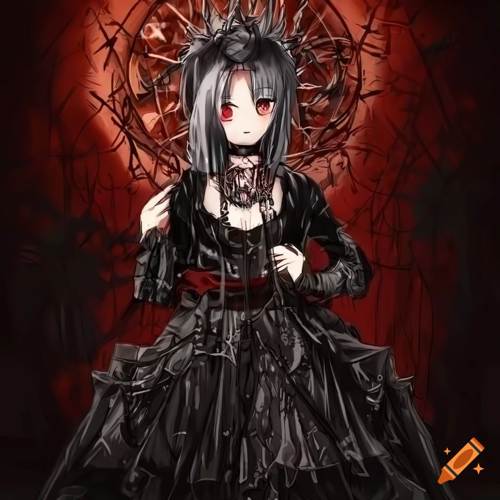 Anime girl in gothic attire surrounded by sharp thorns and metal album designs