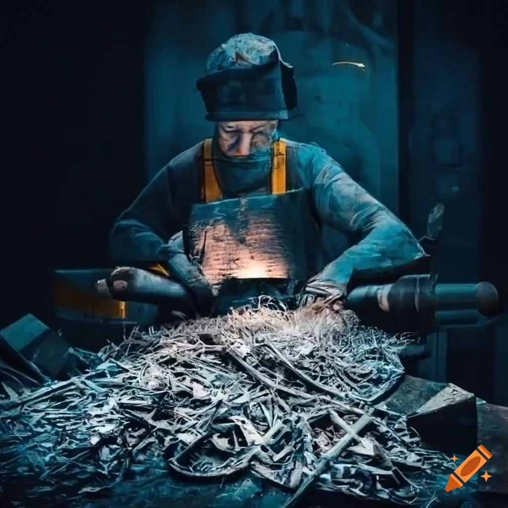 Machinist covered in oil and metal shavings with a band saw