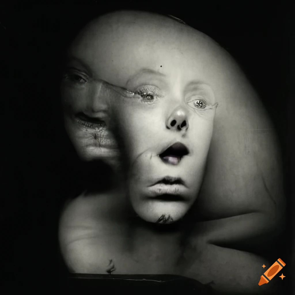 Surreal vivid photo reminiscent of Hans Bellmer's style with disintegrating older woman and face behind her