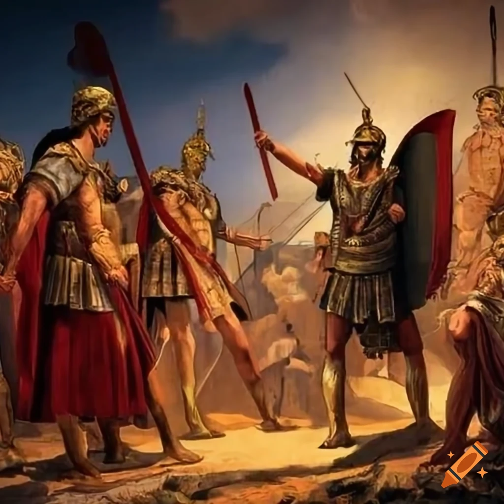 Romulus founding Roma in 753 BC marking the ground, historical scene