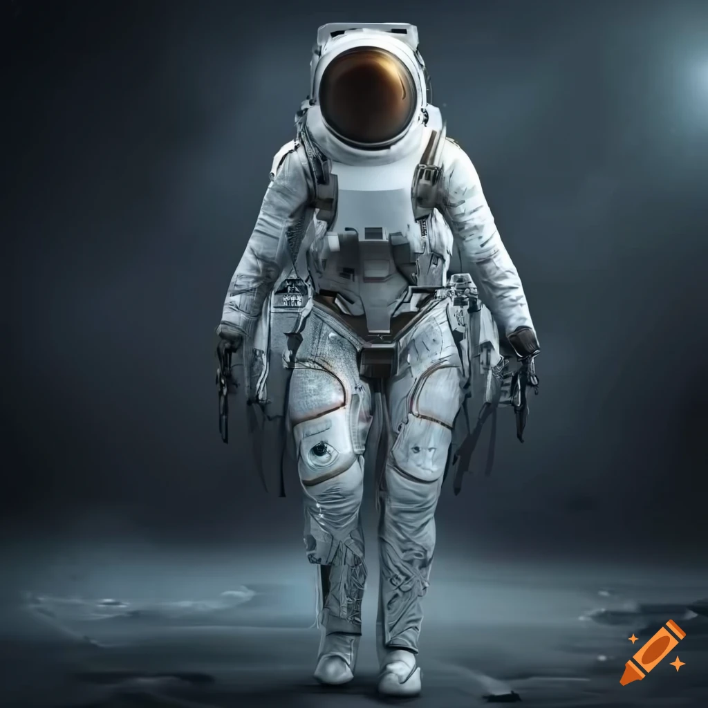 Beautiful woman in futuristic space suit walking on the moon in ...