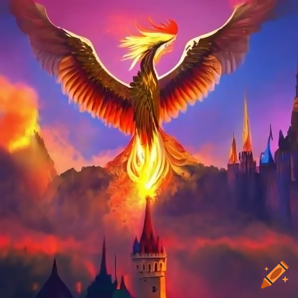 Fiery Phoenix soaring over a colorful kingdom with castles and towers