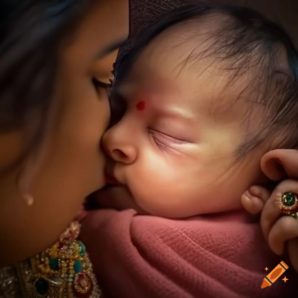 Hindu mother cradling her newborn inspired by Radha and Krishna motif