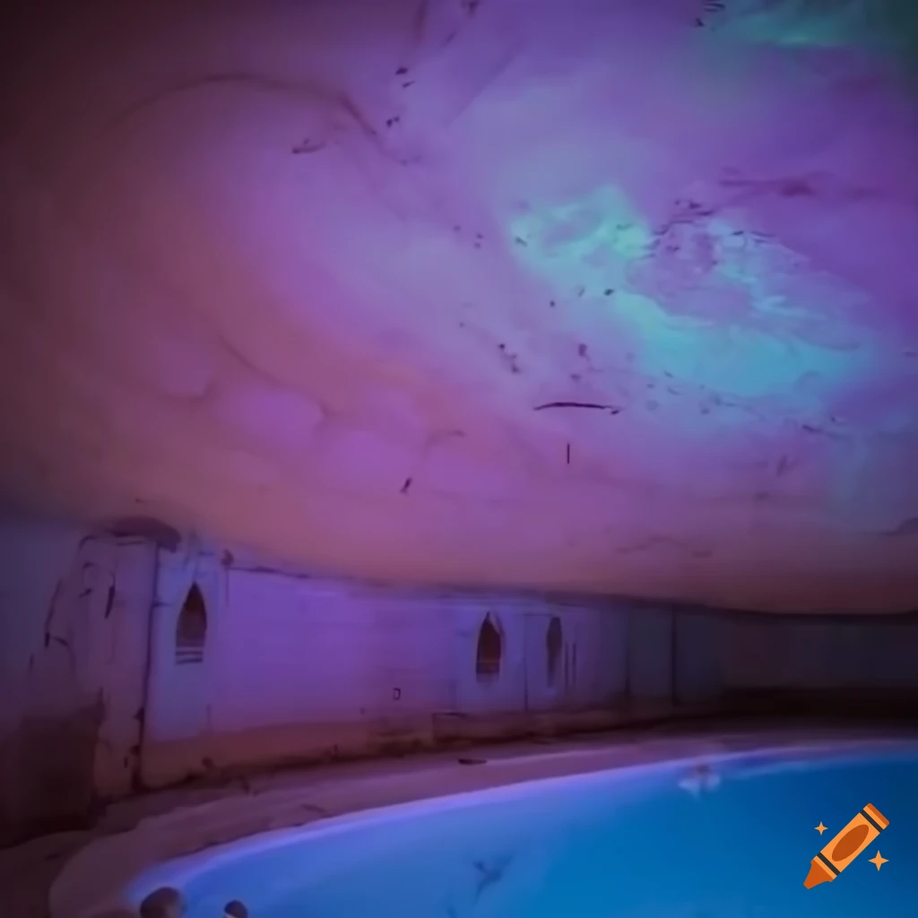 Pastel pool in underground setting during thunderstorm