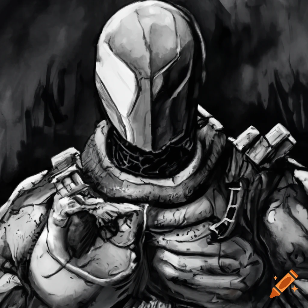 Dynamic black and white drawing of evil wraith deathstroke in Frazetta style