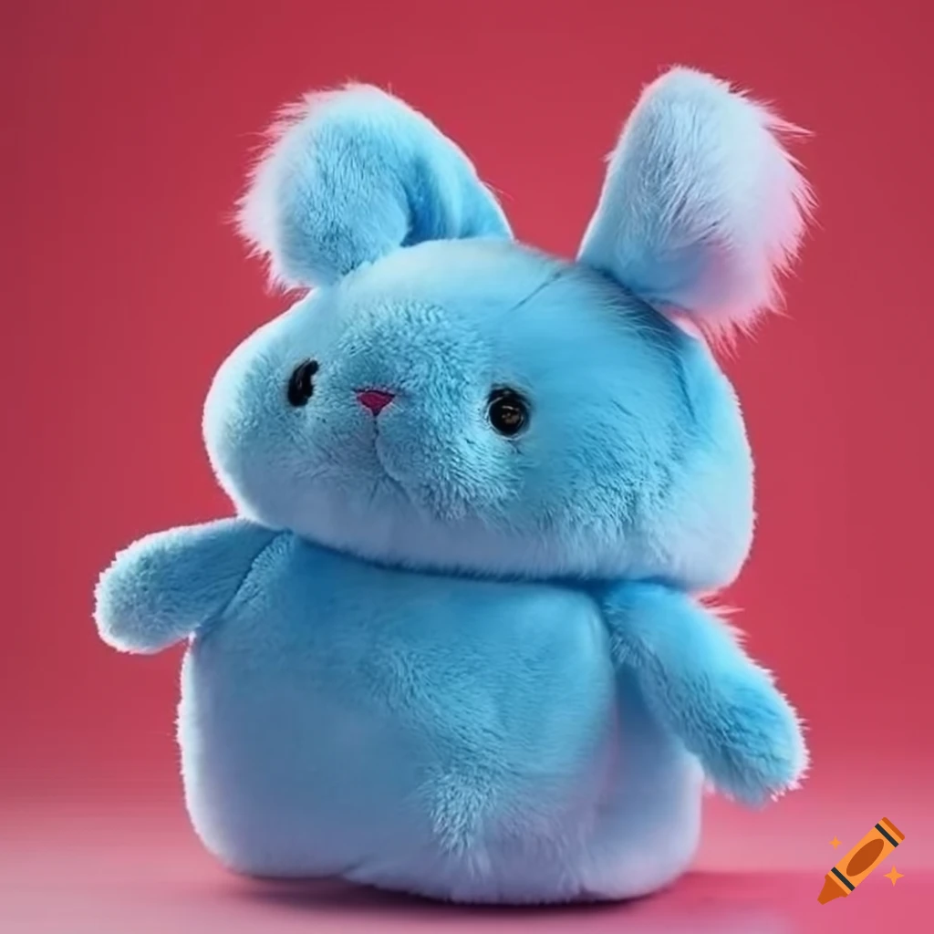 Plush chubby blue rabbit on a red background with silver lining