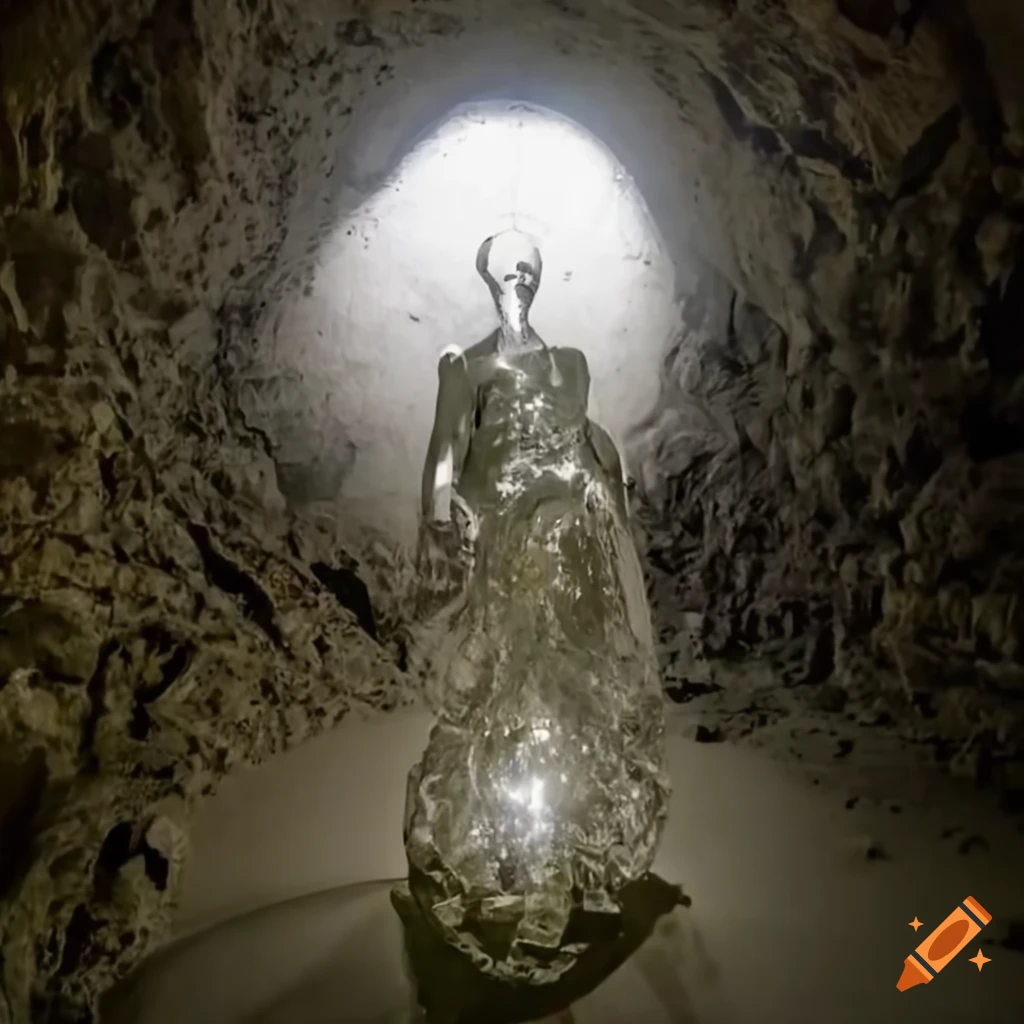 Ethereal glass woman statue in an underground cavernous lake