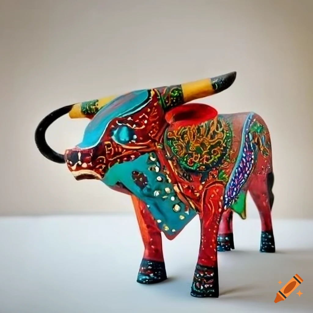 Wooden Bali bull with colorful markings in an intrinsic art style