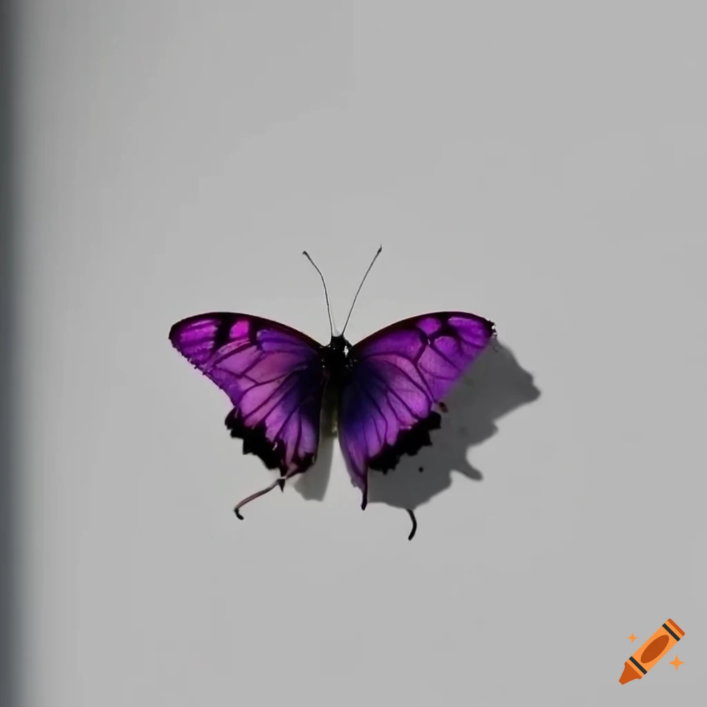 Purple butterfly casting shadow on white wall