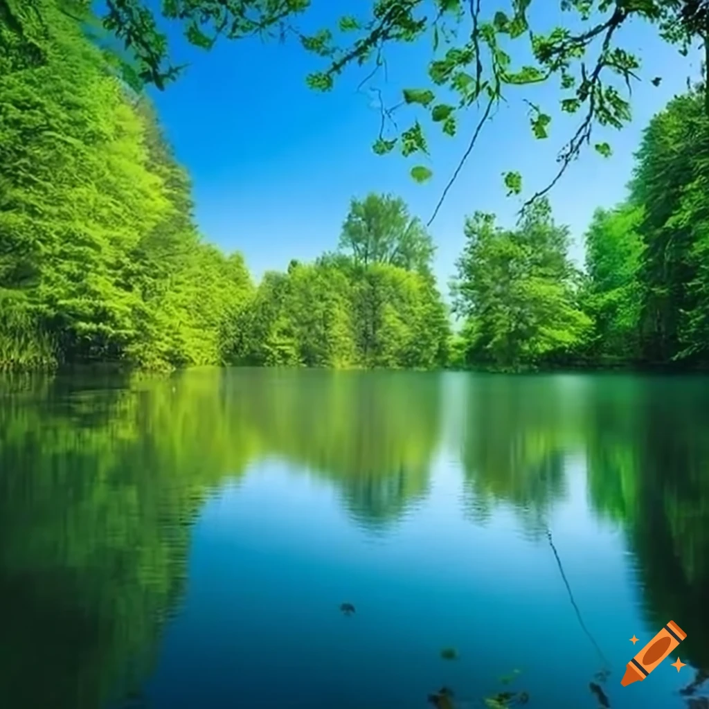 Tranquil natural scene with clear blue skies, lush green trees, and a person leaning over calm water