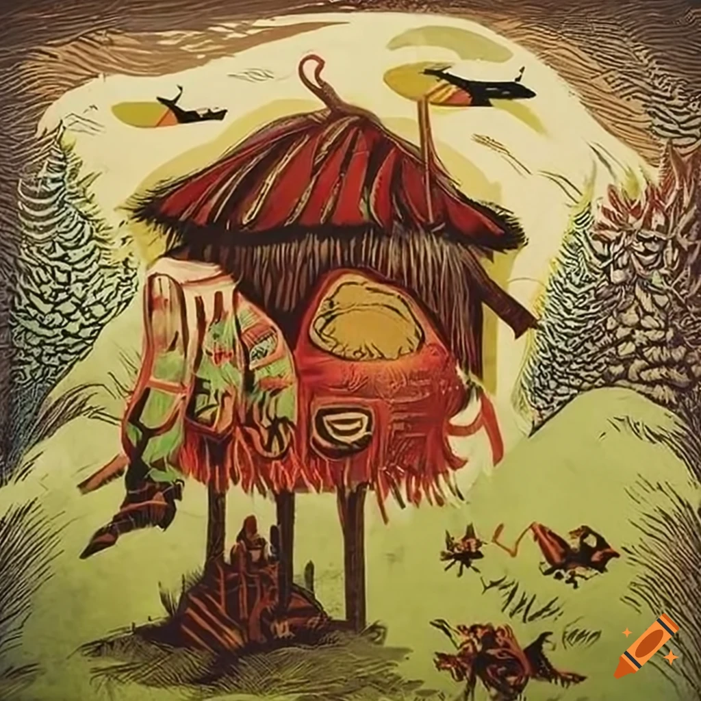 Intricate color woodcut of Baba Yaga's mythical hut on giraffe legs