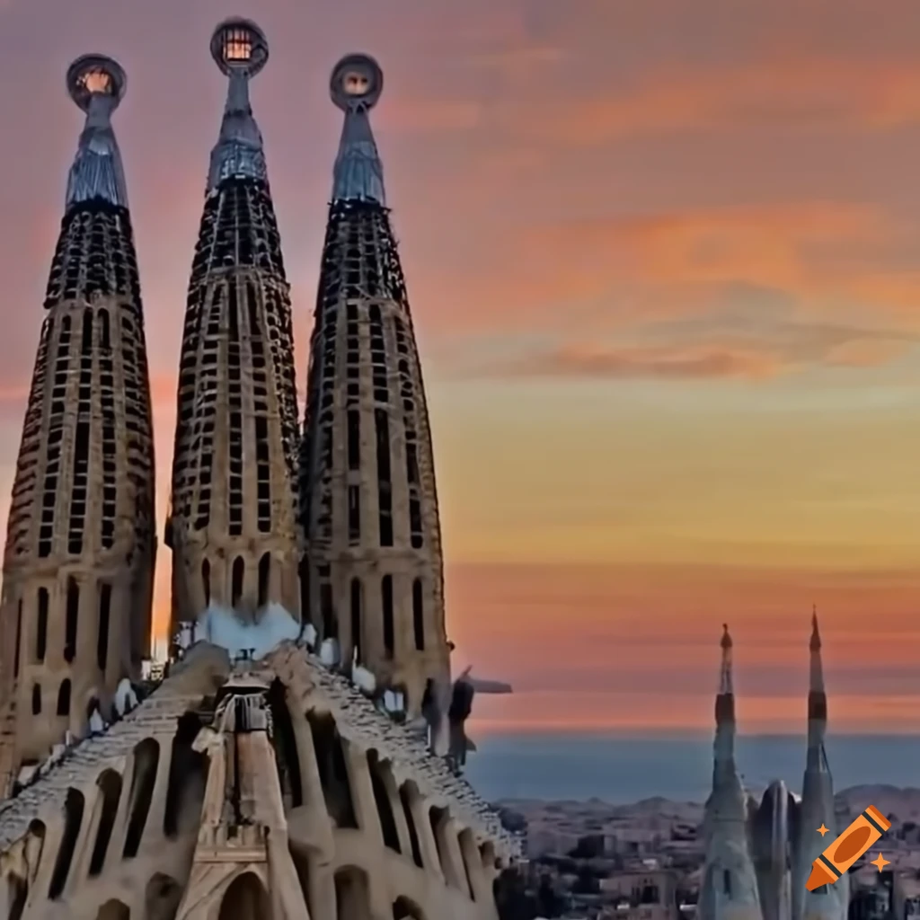 Escaladores subiendo la Sagrada Familia en una puesta de sol