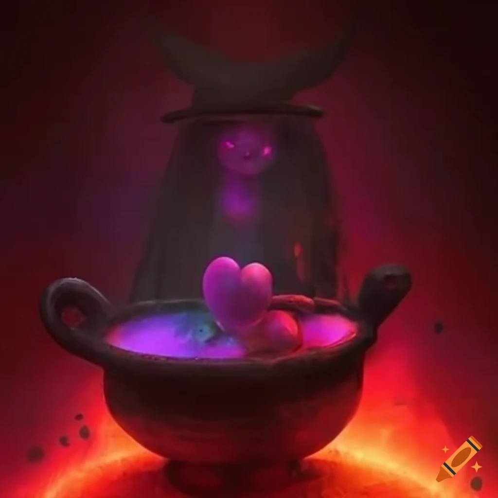 Mystical witch cauldron bubbling with red, glowing hearts