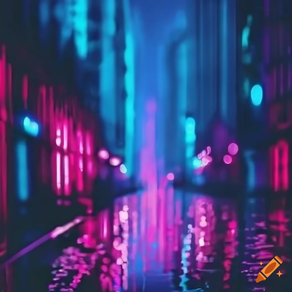 Pink and blue neon cityscape in the rain on Craiyon
