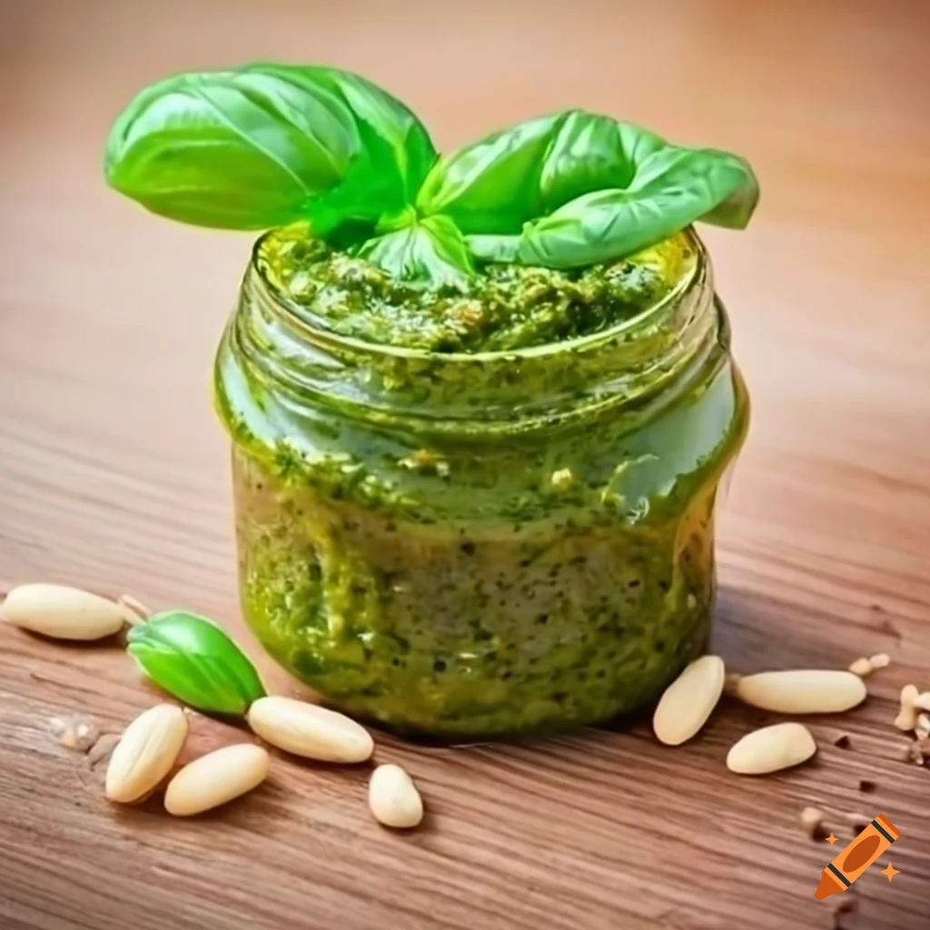 Authentic Italian pesto with fresh basil leaves and pine nuts
