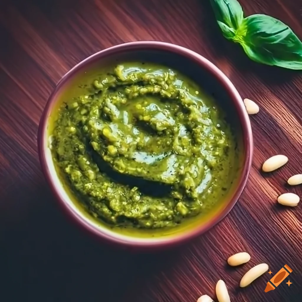 Delicious Italian pesto sauce with basil leaves and pine nuts