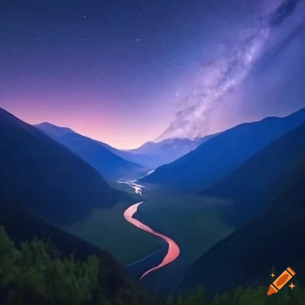 Valley with river under a starry night sky on Craiyon