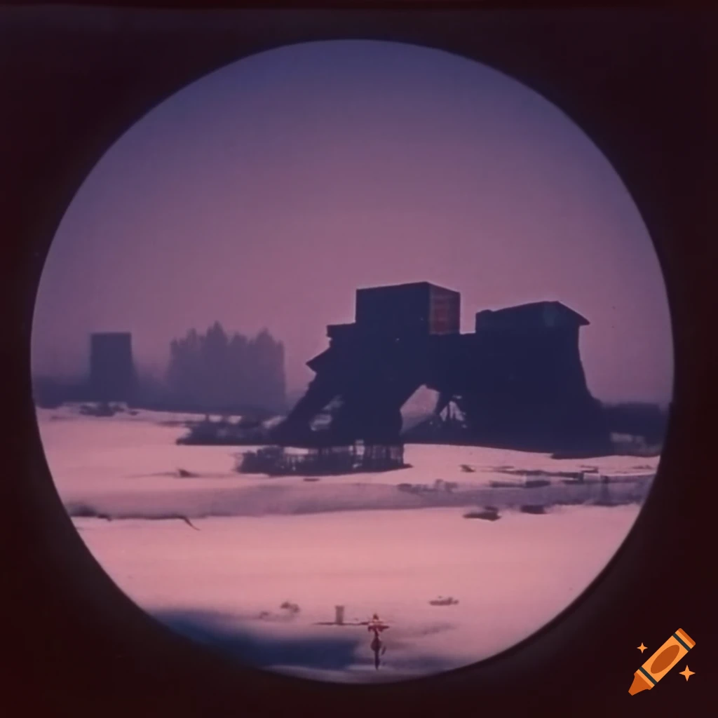 Vintage top secret NASA 1970's mission slides showing an eerie foggy landscape with abandoned machines