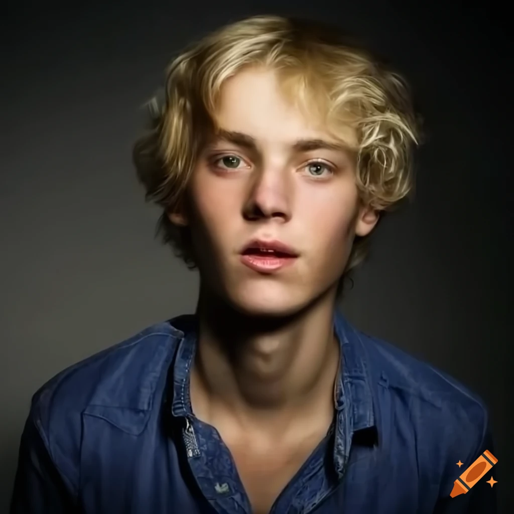 Young man with blond wavy hair wearing a stylish shirt on Craiyon