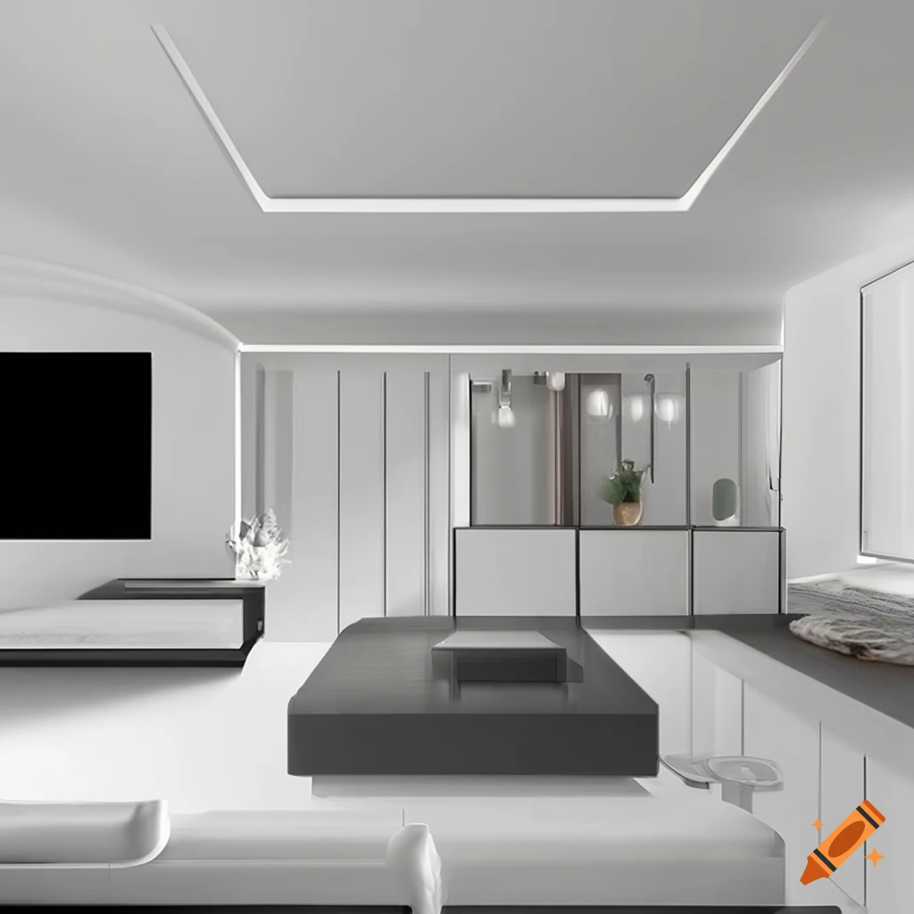 Interior view of a modern smart home with white sofa and armchair in a spacious living room