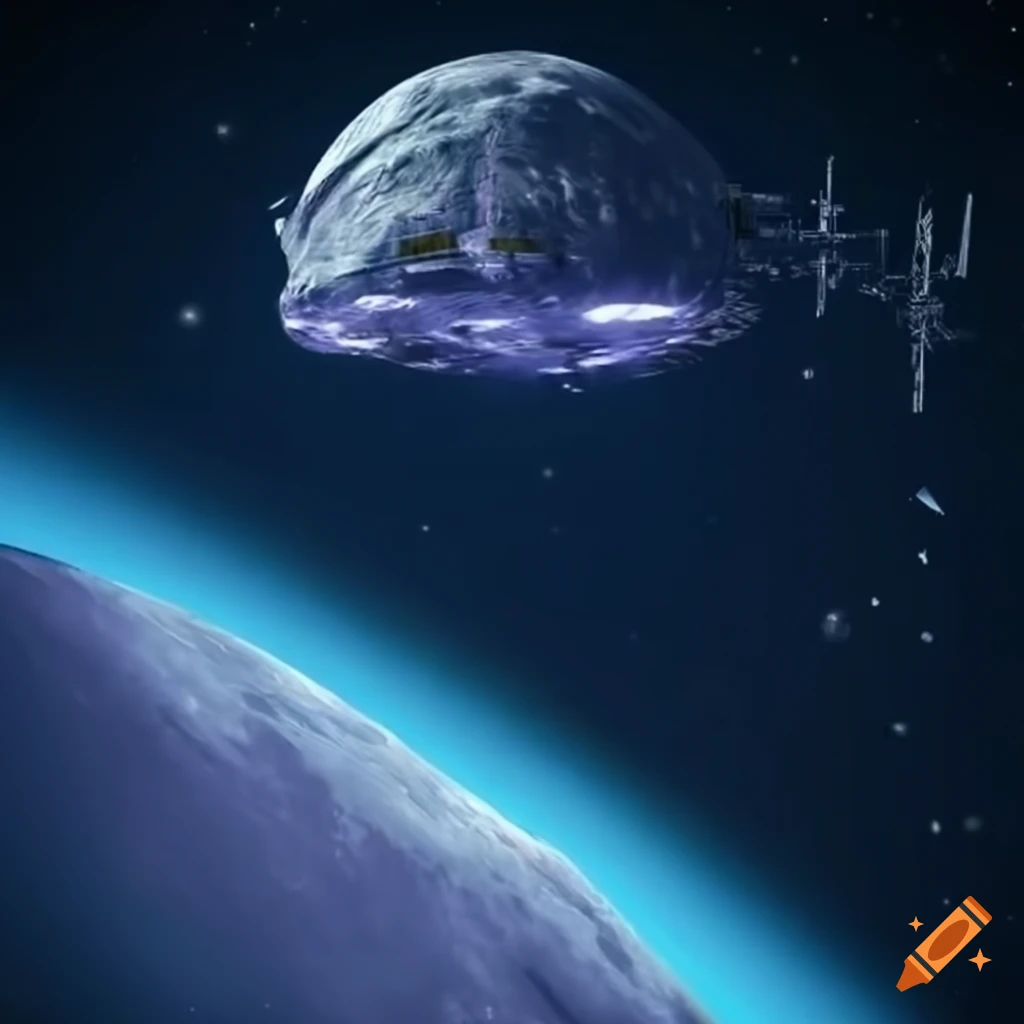 Blueprint of futuristic multi-level space station on moon crater