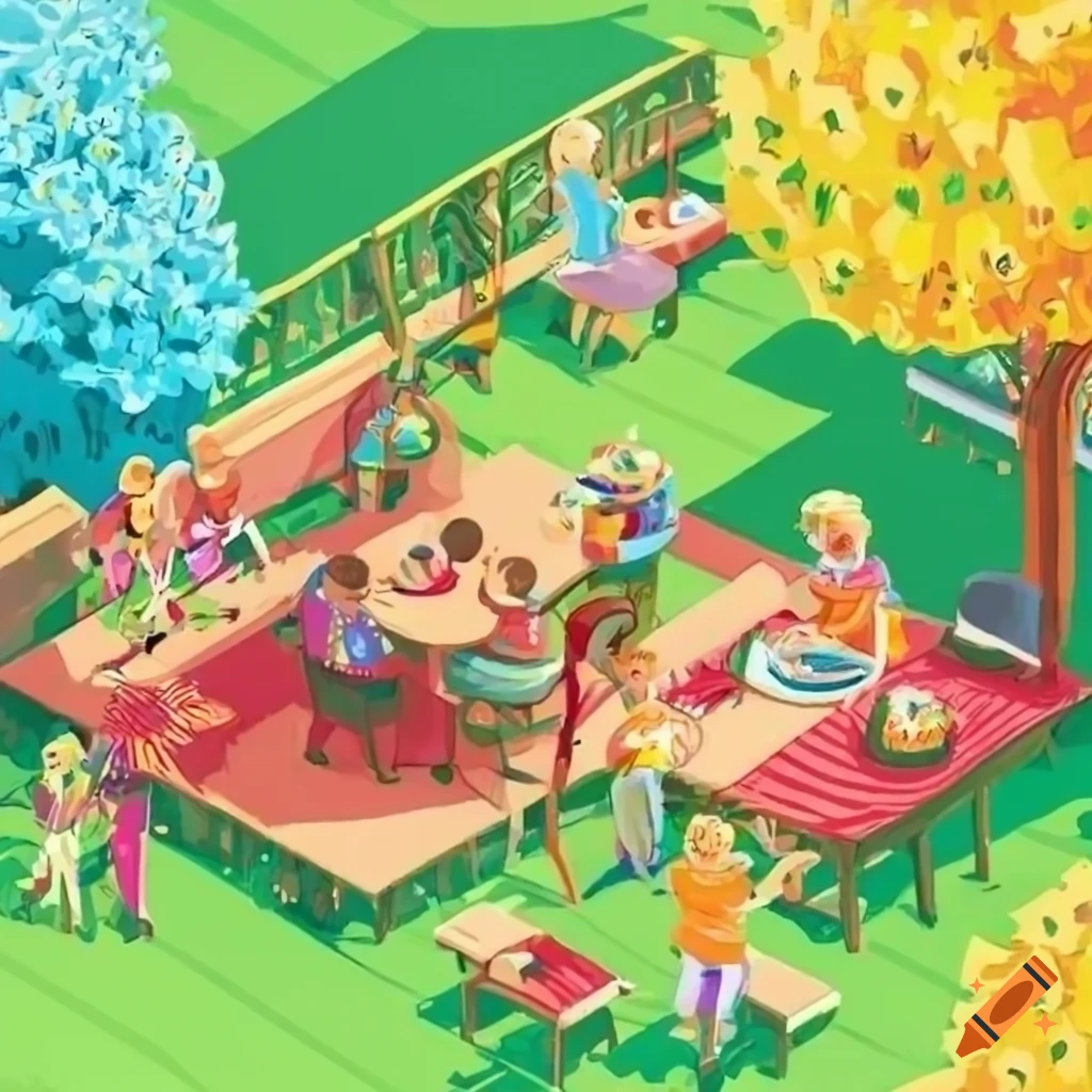 Isometric illustration of a backyard barbecue party with children