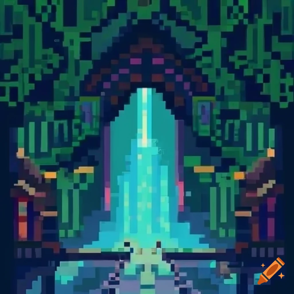 Pixel art of mountain scenery with a road and a pathway leading to a black gate under a rising sun, warm evening, two cups of wine