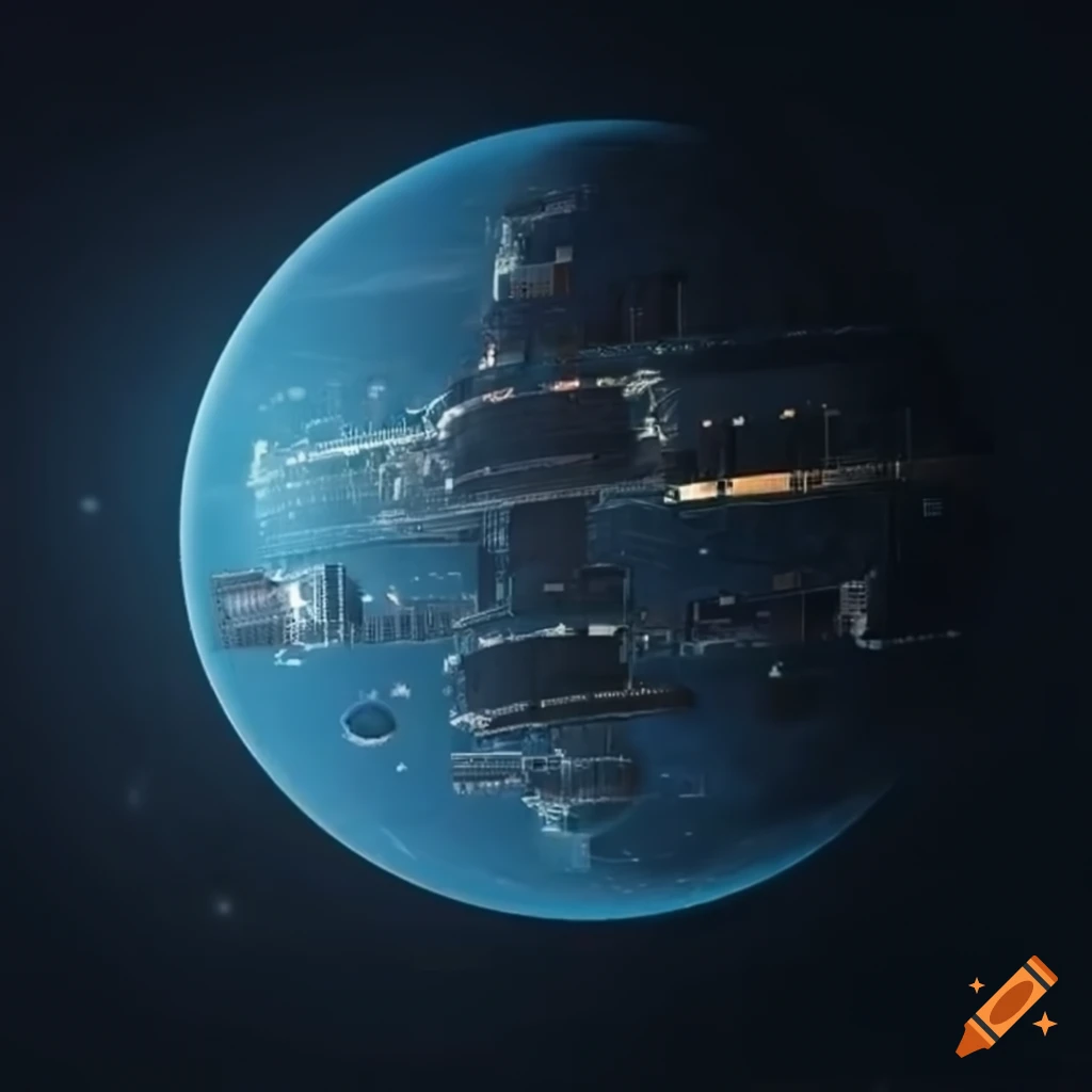 Blueprint of a futuristic multi-level space station in a moon crater