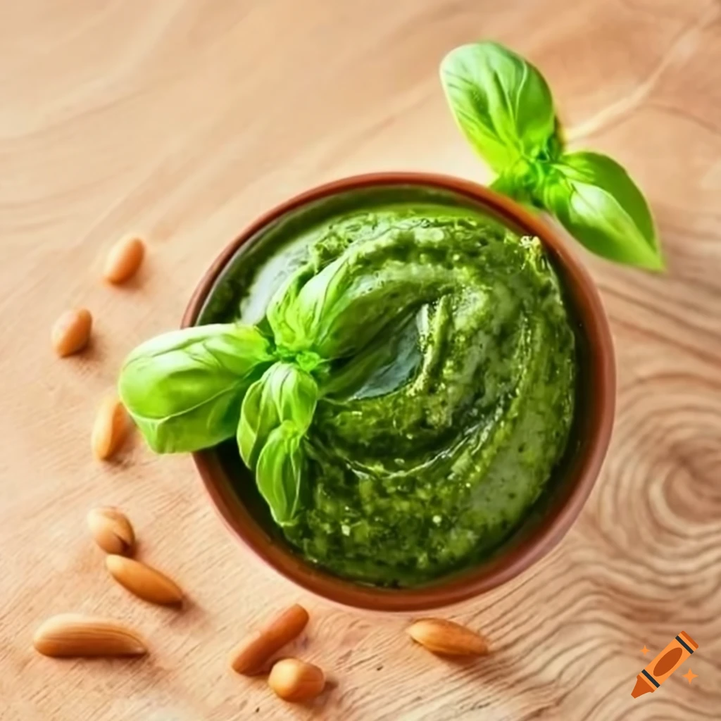 Traditional Italian pesto sauce with basil leaves and pine nuts