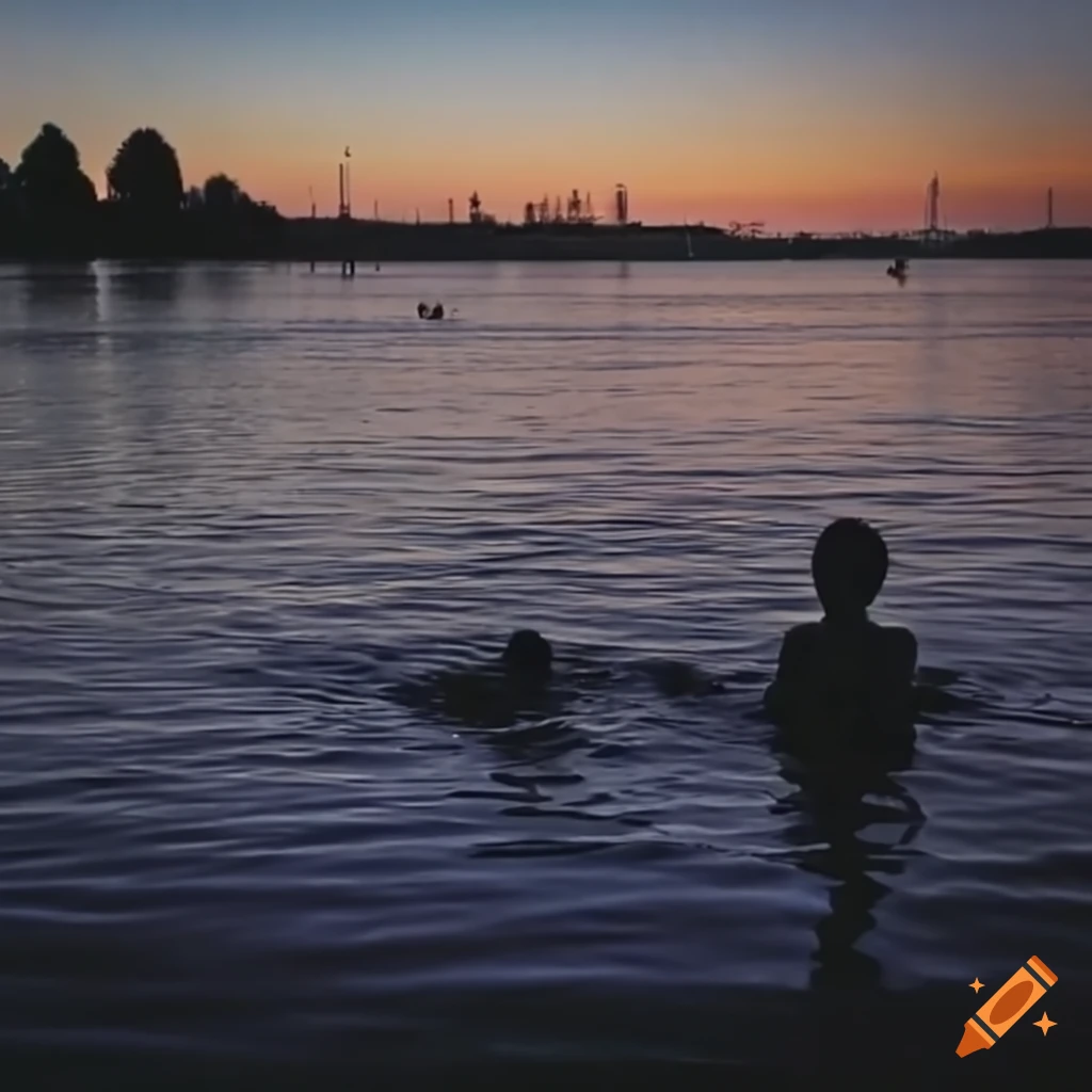 Lake in Berlin with people swimming at dusk