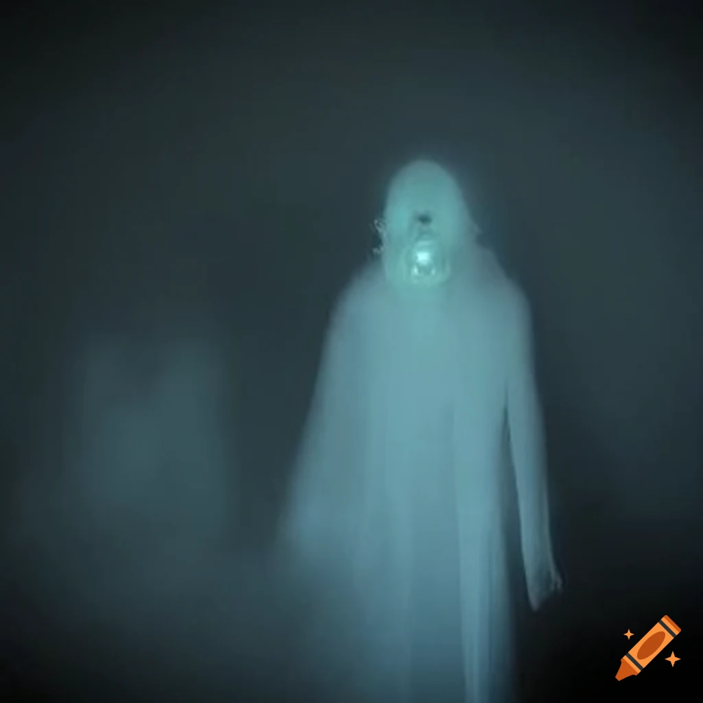 Creepy pale paranormal figure with glowing eyes in a hazy mist