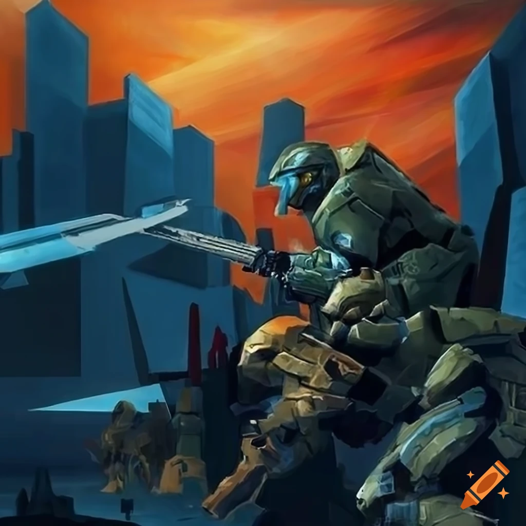 Halo: Reach battlefield with elites and Spartans in CRW Nevinson cubism style