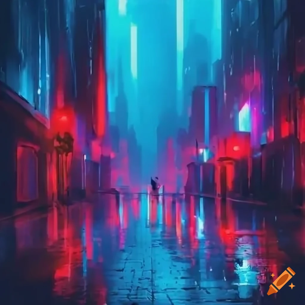 Cityscape with neon lights on a rainy street