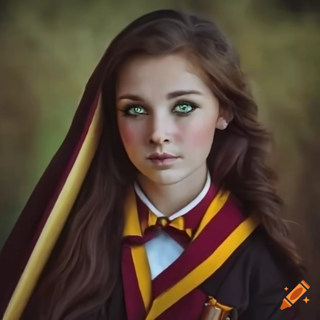 Young Gryffindor student in black robes with wavy dark hair and green eyes
