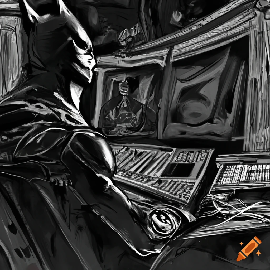 Batman at recording console viewed from behind
