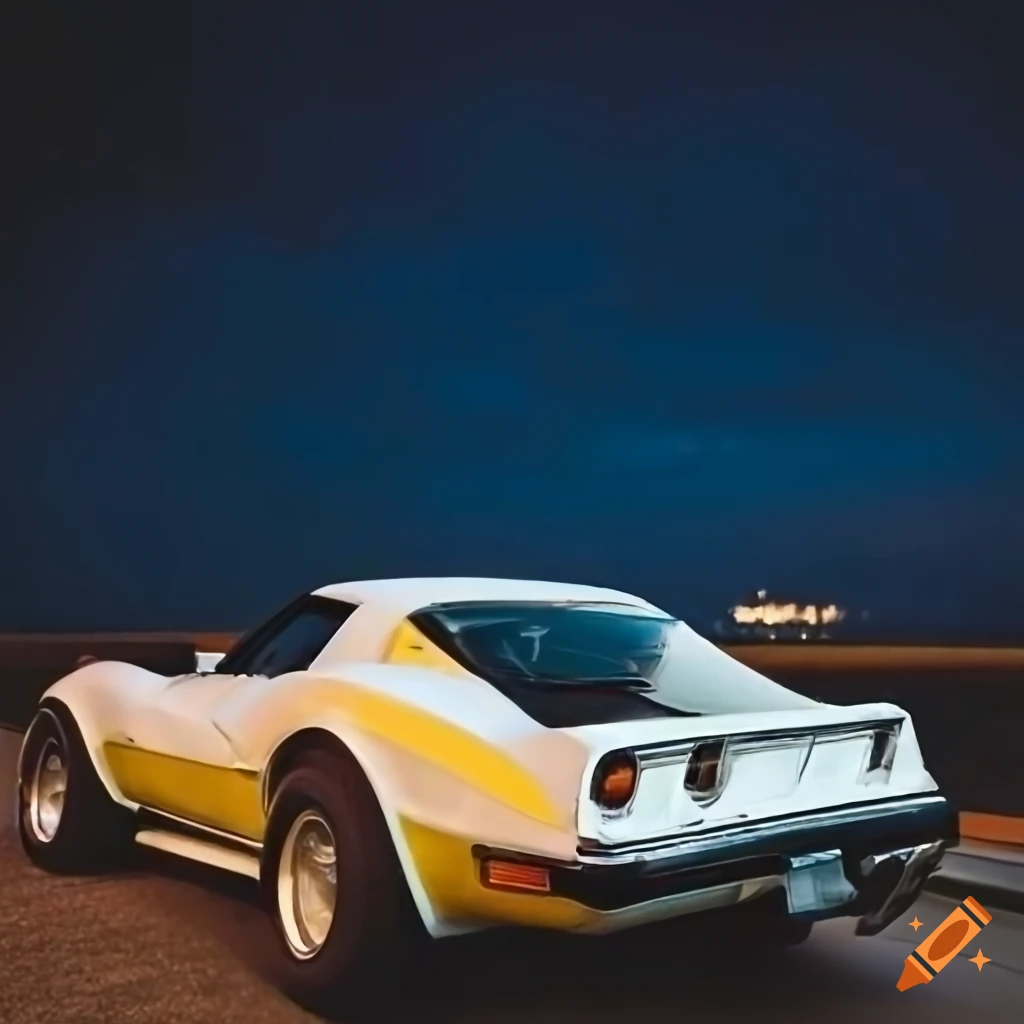 White 1979 Corvette with yellow stripes in the night with headlights