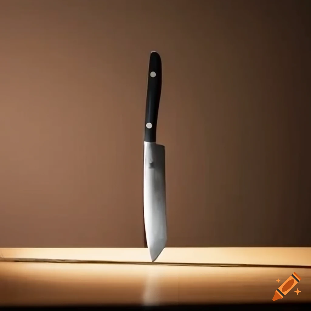 Intimidating far shot of a sharp kitchen knife under dim lighting