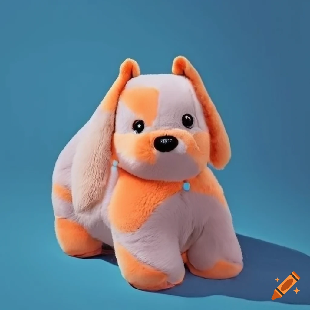 Cute chubby orange dog with long hair on blue background